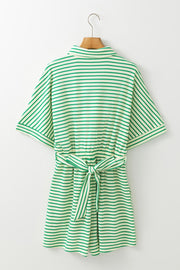 Green striped resort shirt romper with tie waist and short sleeves.