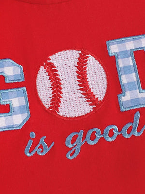 Red baseball tee with embroidered baseball and gingham letters, "is good" text.