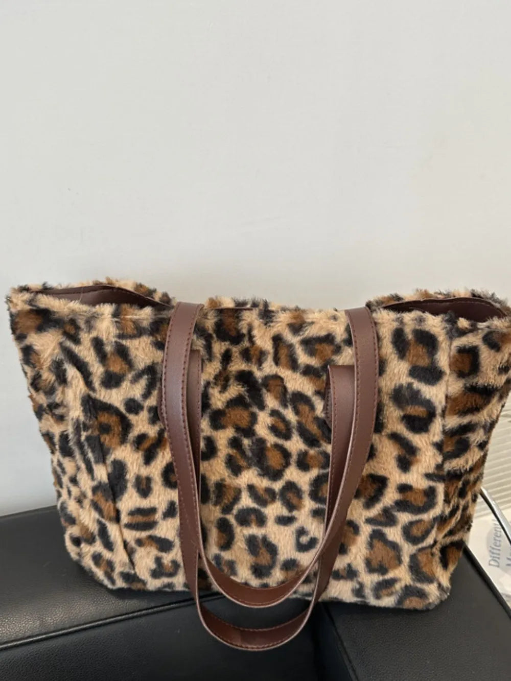 Fuzzy leopard print shopper bag with brown handles
