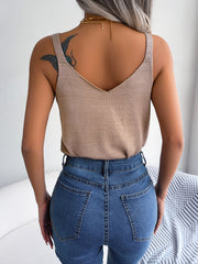 Khaki knit tank top with V-neck and adjustable strap detail.