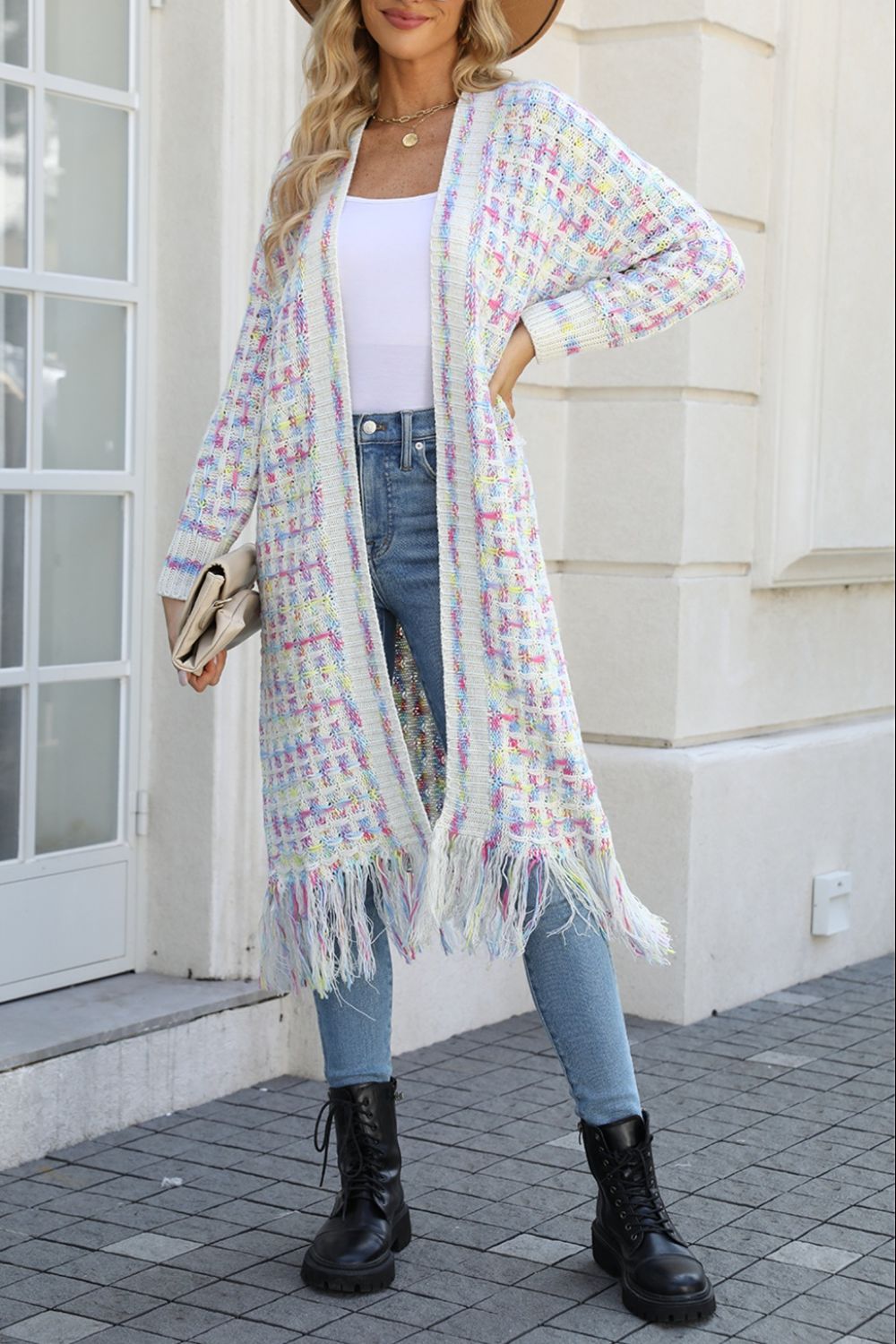 Chromatic crochet maxi cardigan with fringe detail in Sherbet, acrylic knit, open front, long sleeves.