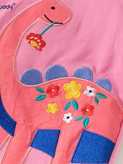Pink cotton t-shirt for kids with a dinosaur embroidery and floral details.