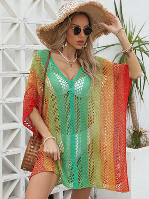 Ombre crochet kaftan cover-up with V-neck and short sleeves in red-violet, green, and yellow.