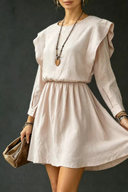 Ruffled Round Neck Long Sleeve Dress in Eggshell, front view