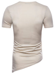 Light khaki cotton t-shirt with short sleeves and an asymmetric hem detail.