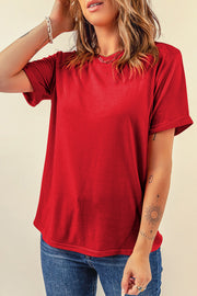 Rolled sleeve raglan tee in scarlet red with a crew neckline and relaxed fit.