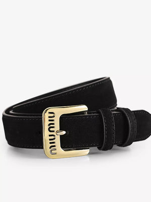Black suede leather belt with gold logo buckle and adjustable strap