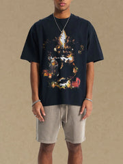Black oversized t-shirt with abstract graphic print and crew neck.