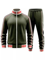 Army green tracksuit with red and white striped collar, cuffs, and side stripes.