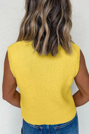 Yellow textured knit sweater vest with a button-down front, shown from the back.