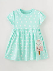 Baby dress with polka dots and ice cream applique, a-line, cotton blend