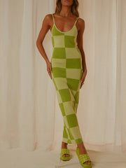 Geometric knit maxi slip dress in Yellow-Green with checkerboard pattern, spaghetti straps, and scoop neckline.