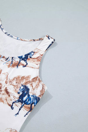 Western-inspired tank top with horse print on polyester, featuring a scoop neck and slim fit.