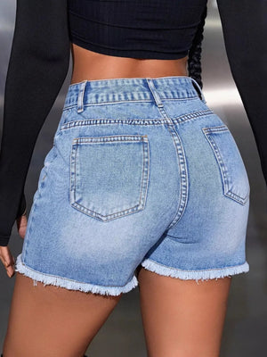 Button-down Denim High-waisted Frayed Hem Denim Shorts in Blue, model styling view