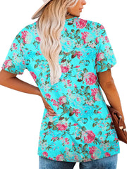 Lake blue floral ruched v-neck t-shirt with short sleeves.