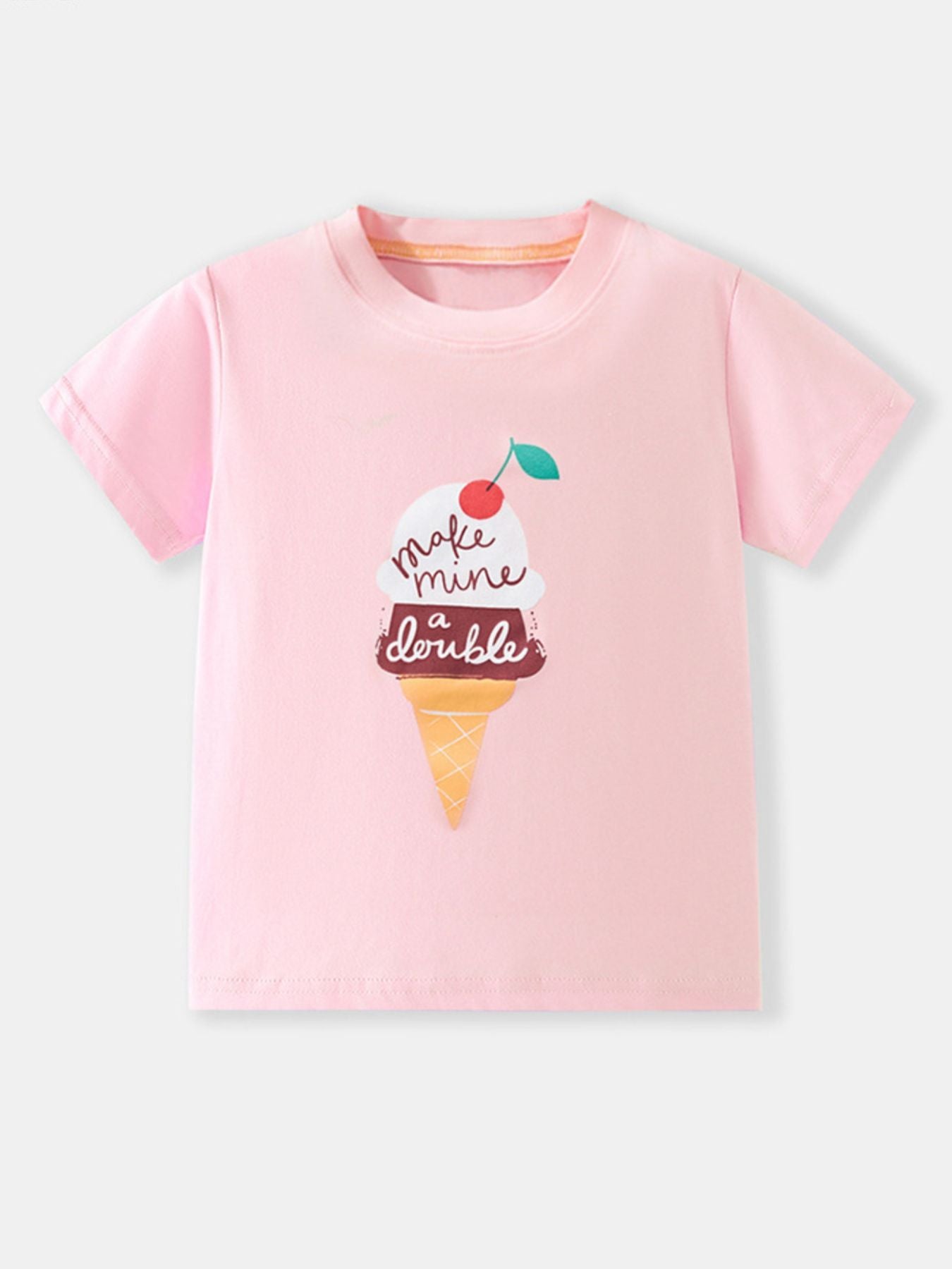 Pink toddler t-shirt with ice cream graphic and "make mine a double" text.