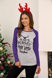 Raglan Christmas graphic tee in heather grey with purple sleeves, featuring "Have Yourself a Merry Little Christmas" text