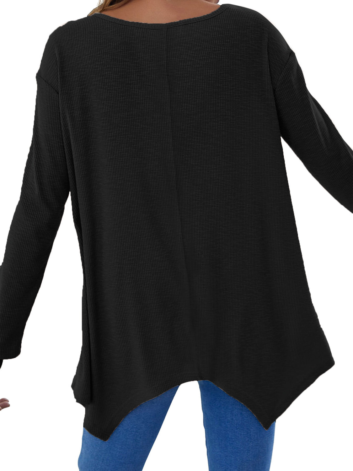 Black ribbed knit tunic top with asymmetric hem and long sleeves