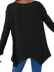 Black ribbed knit tunic top with asymmetric hem and long sleeves