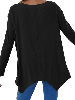 Black ribbed knit tunic top with asymmetric hem and long sleeves