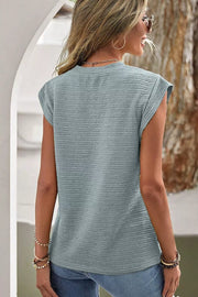 Textured crew neck t-shirt with cap sleeves in air force blue.