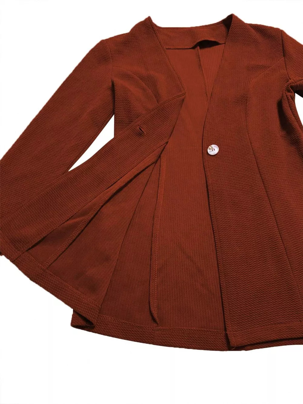 Brown single-button blazer with textured fabric and tailored fit, open front.
