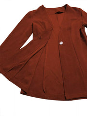 Brown single-button blazer with textured fabric and tailored fit, open front.