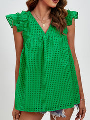 Dark green textured trapeze blouse with ruffle sleeves and V-neck.