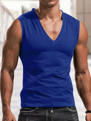 Sculpted V-neck muscle tank top in royal blue, sleeveless, form-fitting activewear.