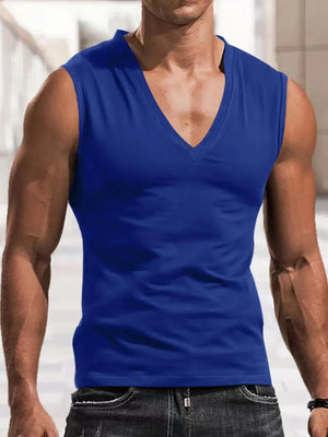 Sculpted V-neck muscle tank top in royal blue, sleeveless, form-fitting activewear.