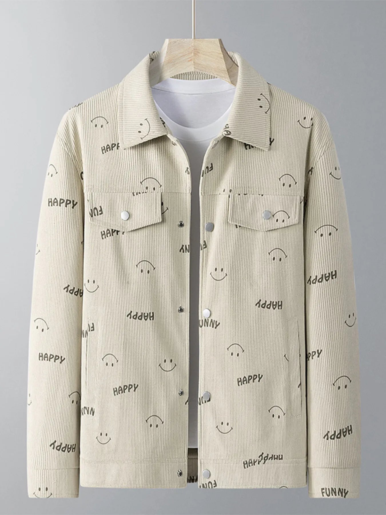 Light Khaki corduroy jacket with all-over smiley face and text print, button front, and chest pockets.