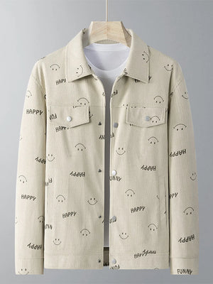 Light Khaki corduroy jacket with all-over smiley face and text print, button front, and chest pockets.