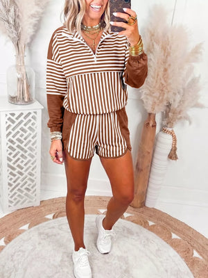 Stripe Color Block Quarter Zip Pullover Shorts Set in Dark Brown, side view