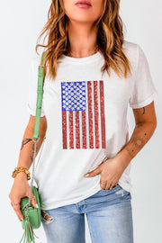 White t-shirt with sequin American flag graphic, crew neck, short sleeves.