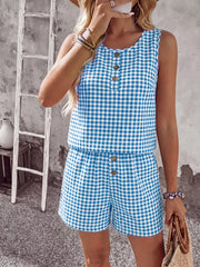 Blue gingham two-piece set with button details and scoop neckline.