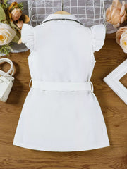 White toddler dress with ruffled sleeves, belted waist, and embellished collar.