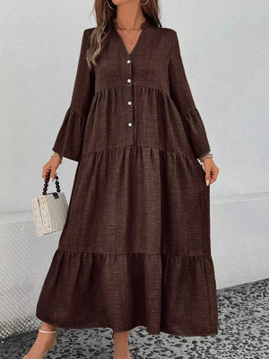 Brown tiered ruffle hem v-neck dress with button front and bell sleeves.