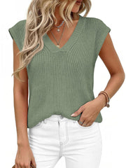 Sage green textured V-neck sweater vest with cap sleeves.