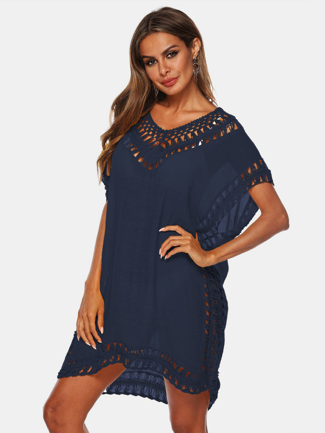 Dark blue kaftan cover-up with crochet trim neckline, sleeves, and hem.