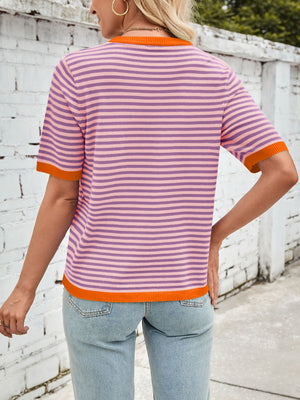 Striped knit tee with orange trim and crew neck.