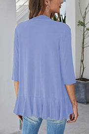 Lavender cardigan with 3/4 sleeves and asymmetrical ruffle hem