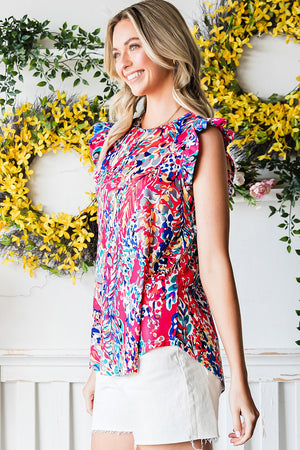 Painterly ruffle sleeve blouse in multi-color abstract print with round neckline.