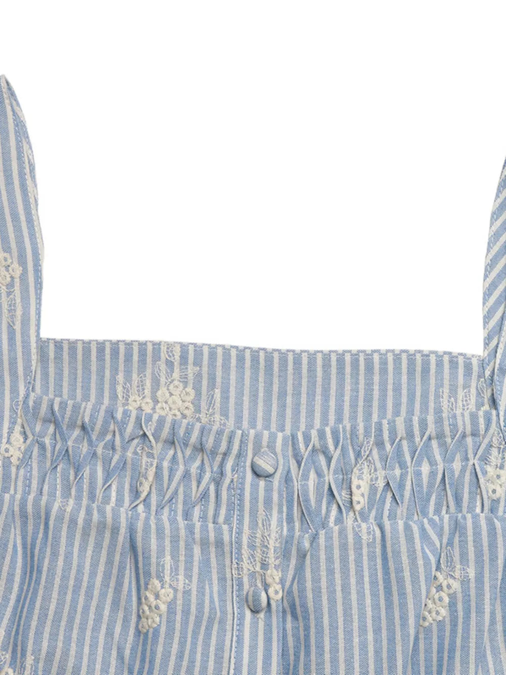 Blue and white striped peplum shirt with smocking and embroidered floral details.
