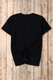 Black graphic butterfly tee with a twisted hem detail.