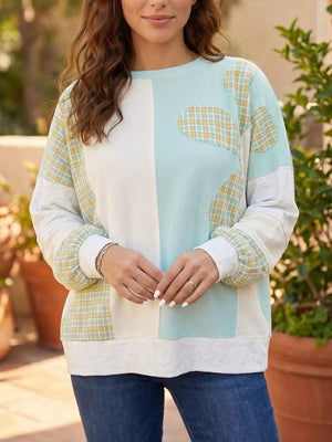 Plaid Patchwork Round Neck Long Sleeve Top in Mint Blue, front view
