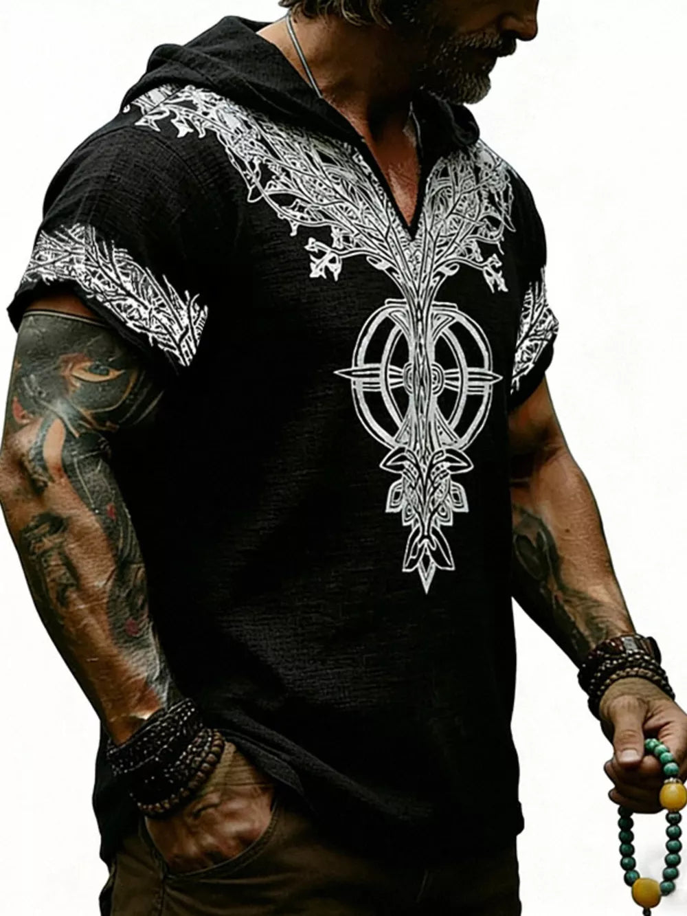 Men's Full Size Printed Hooded Short Sleeve Top in White, product detail