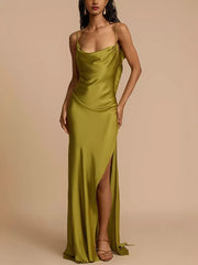 Green satin cowl neck maxi dress with spaghetti straps and a high slit.