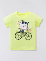 Yellow cotton crew neck t-shirt with a whimsical rabbit graphic riding a bicycle.