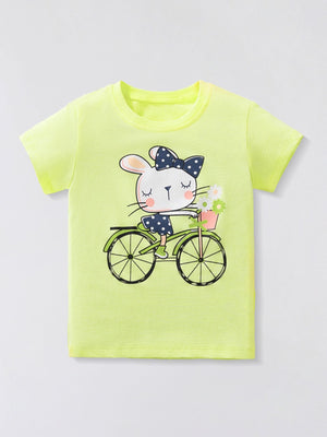 Yellow cotton crew neck t-shirt with a whimsical rabbit graphic riding a bicycle.