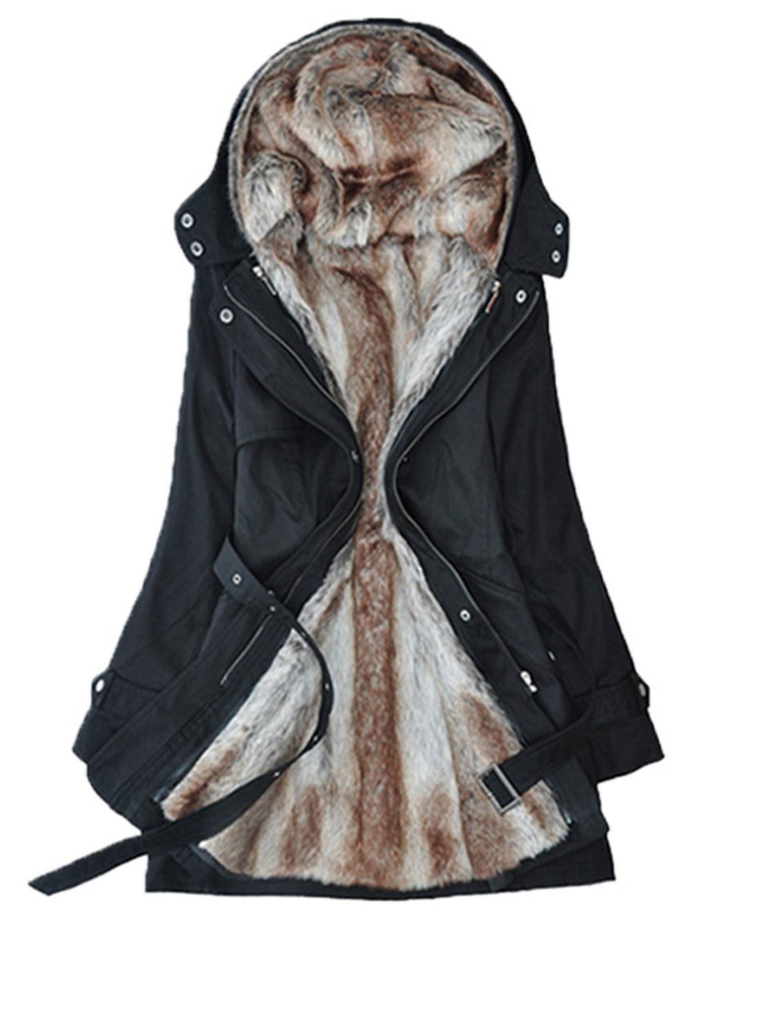 Black belted utility parka with plush faux fur lining and hood.